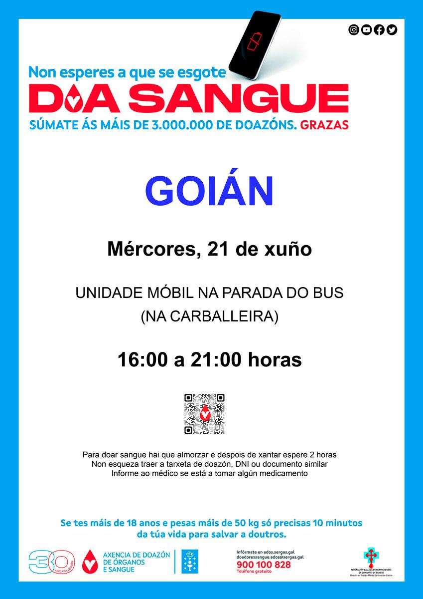 Unha unidade móbil de doazón de sangue estará en Goián o vindeiro mércores 21 de xuño