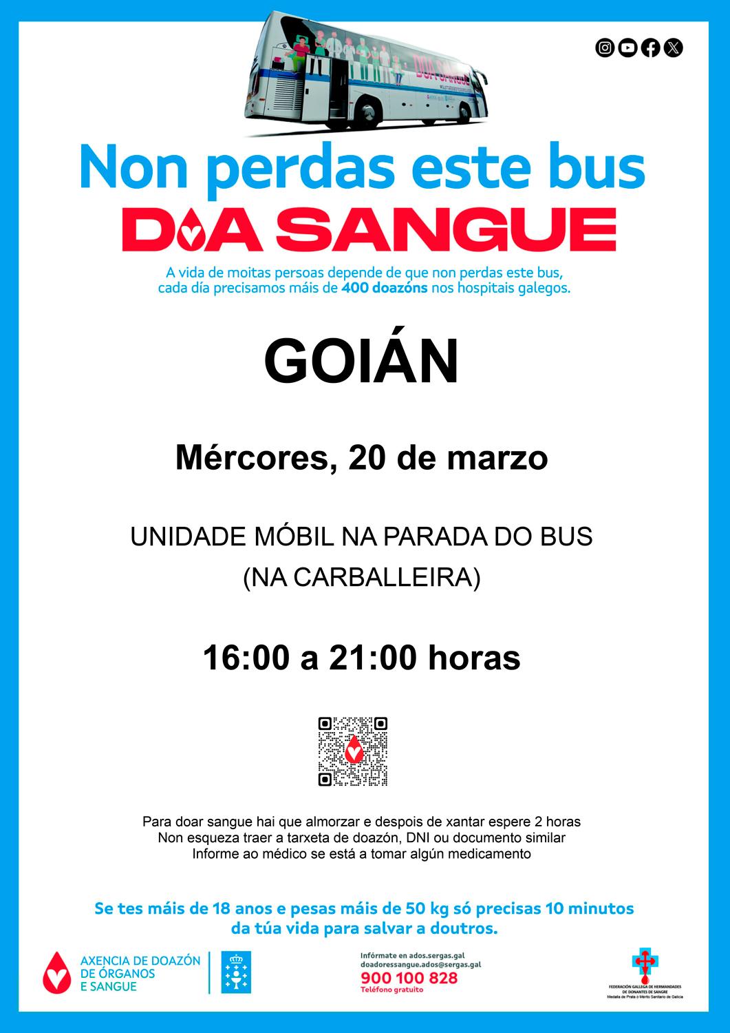 Unha unidade móbil de doazón de sangue estará en Goián o mércores 20 de marzo